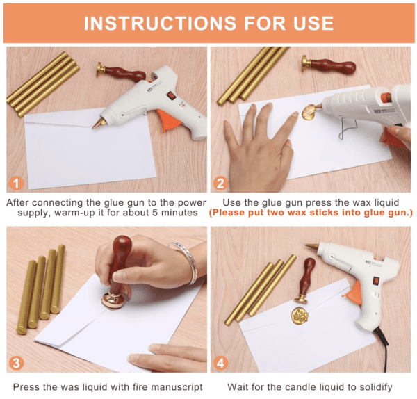 Glue gun instructions for sealing envelopes.